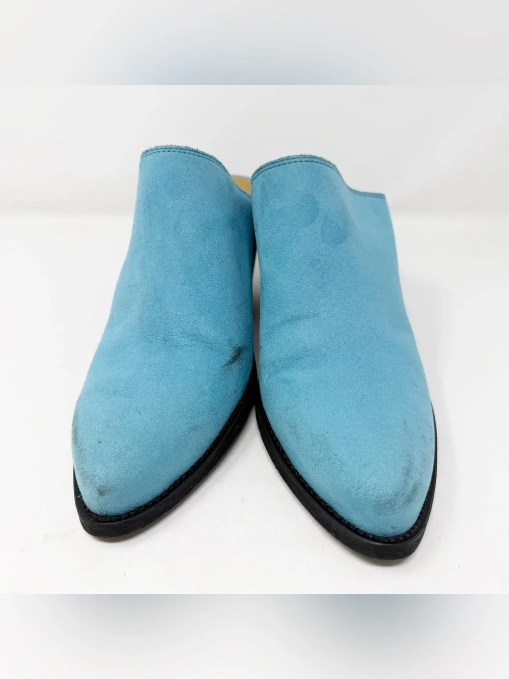 Good Guys Dont Wear Leather Lola Blue Vegan Suede Mules Pointed Toe Heels 42